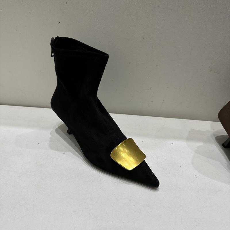 SUOJIALUN Nová značka Dámské krátké boty Módní zlatá přezka Dámské elegantní kotníkové boty Tenký vysoký podpatek Špičaté lodičky Boty