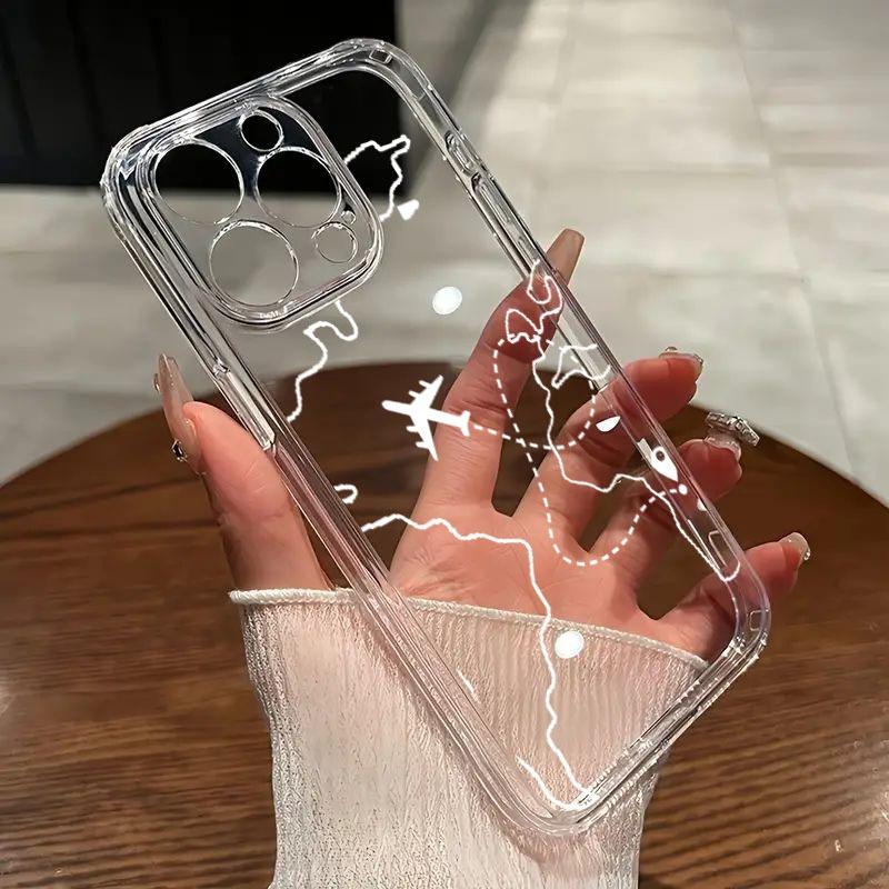 Travel Map Airplane Phone Case For iPhone 17 Air 16E 16 15 14 11 Pro Max Plus 13 12 Mini 8 7 X Transparent Shockproof Cover