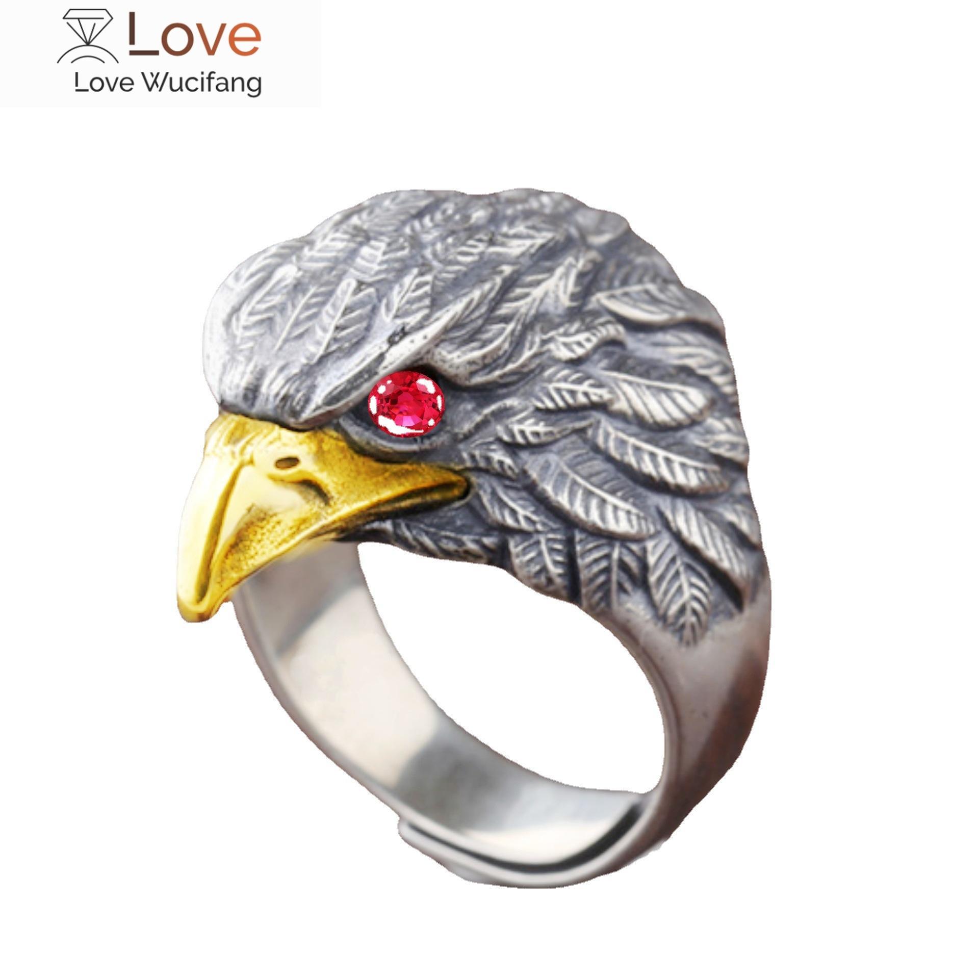 

Кольцо с открытым орлиным крылом, покрытое тайским серебром, черного цвета, законодательница моды, ретро-персона, властный орел, принимающий ребенка, кольцо с головой орла