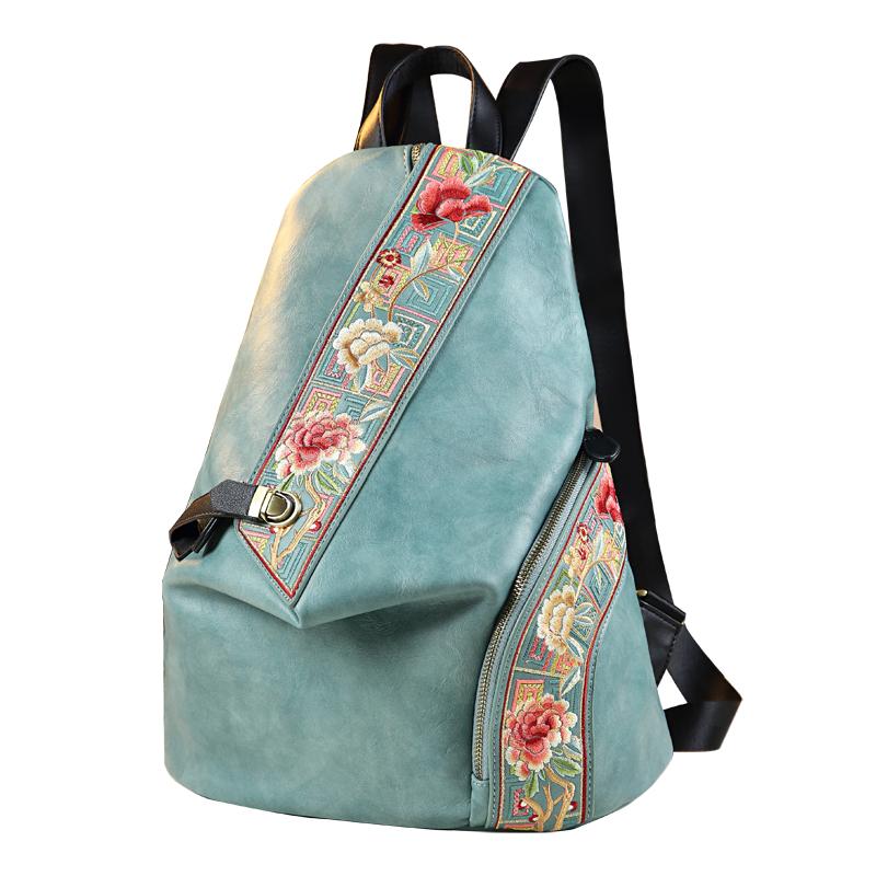 Retro Echtes Leder Damen Rucksack Besticktes Design Damen Tasche Reise Rucksäcke Mutter Diebstahlsicherer Rucksack Modetrend