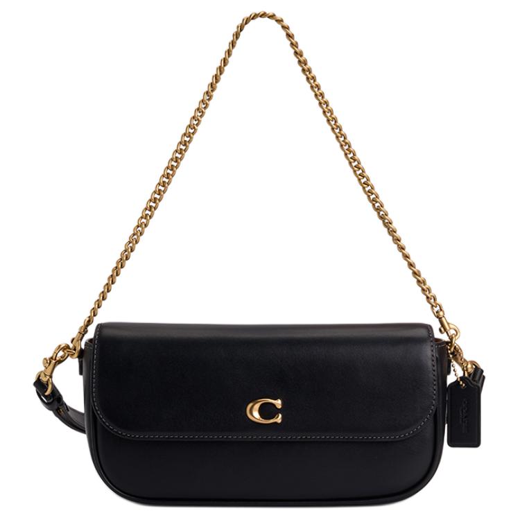 Coach Women's Black Brook Flap 24 Metal Logo Detachable Shoulder Strap Leather Shoulder Bag Medium Shoulder Bag Can90-B4bk