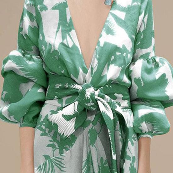 Long Dress Deep V Neck Lace-up Tight Waist Flowy Splicing Irregular Hem Ruffle