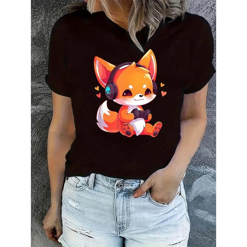 European Sizes Women'S Casual Crew Neck T-Shirt with Cute Q-Version Fox Print