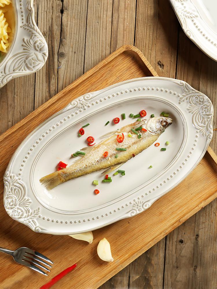 Household ceramic relief deep plate, soup plate, European-style steamed dishes, round large plate rice bowl soup bowl flat plate