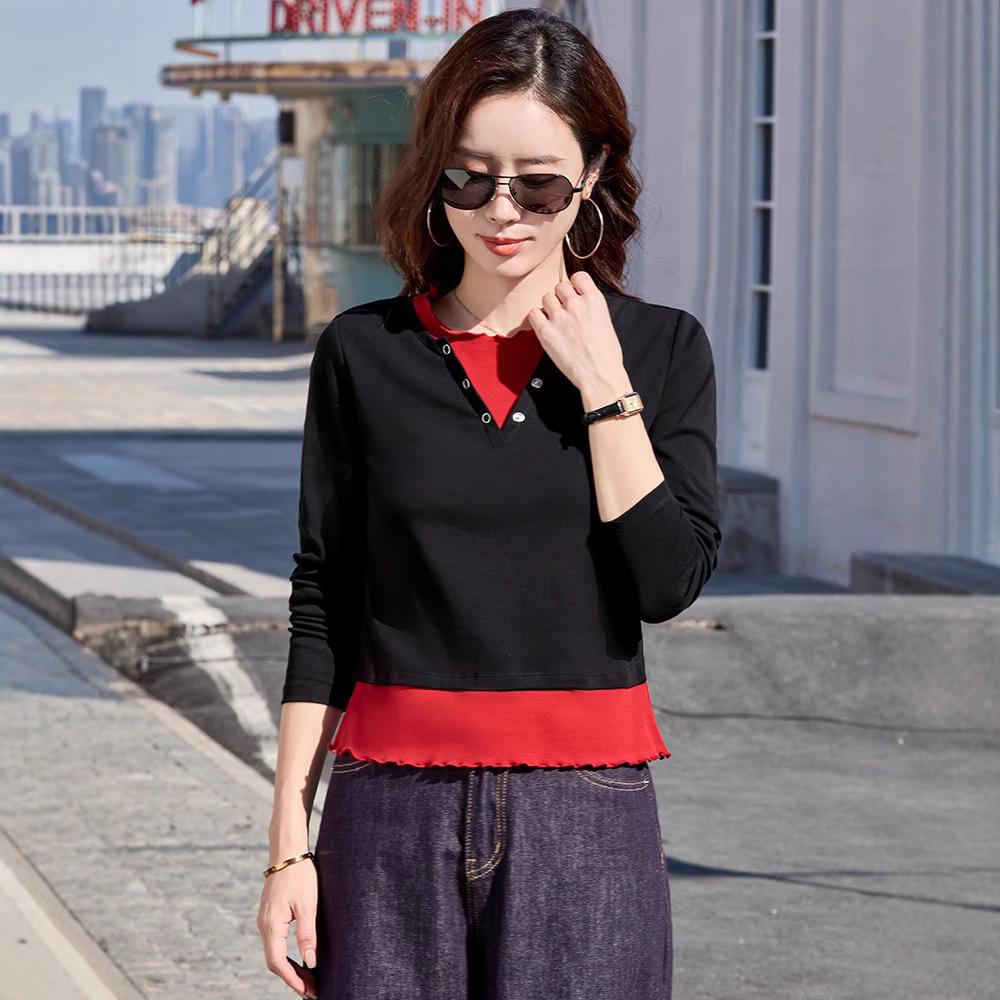 

2025 Spring Women s Long Sleeve Lotus Leaf Contrast Color Layered T-Shirt S чорний