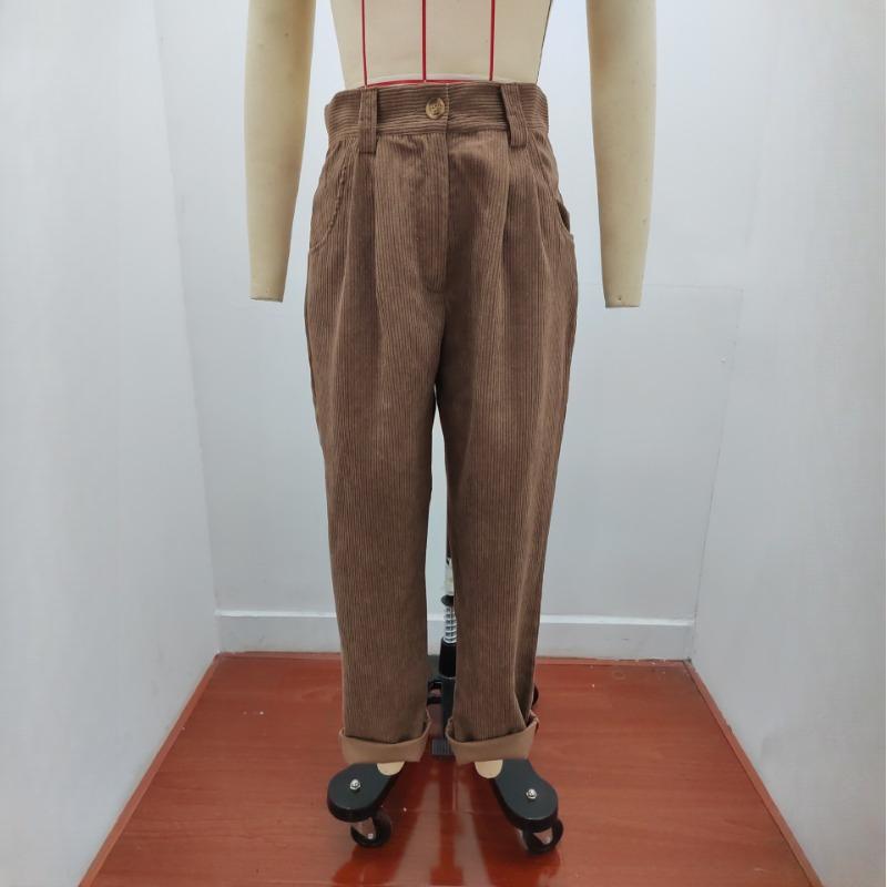 GMXIA Autumn Women's High Waist Casual Pants Solid Colour Corduroy Loose Straight Trousers