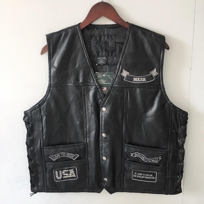 European and American classic vest, leather vest, cycling vest, silver-gray embroidered badge, locomotive leather vest men's