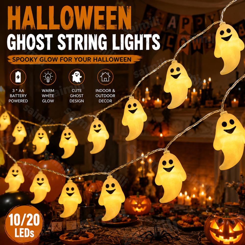 Battery Operated Halloween Ghost String Lights LED Hanging Decorative Lamp for Indoor Outdoor Yard Party Haunted House Bar Holiday Atmosphere