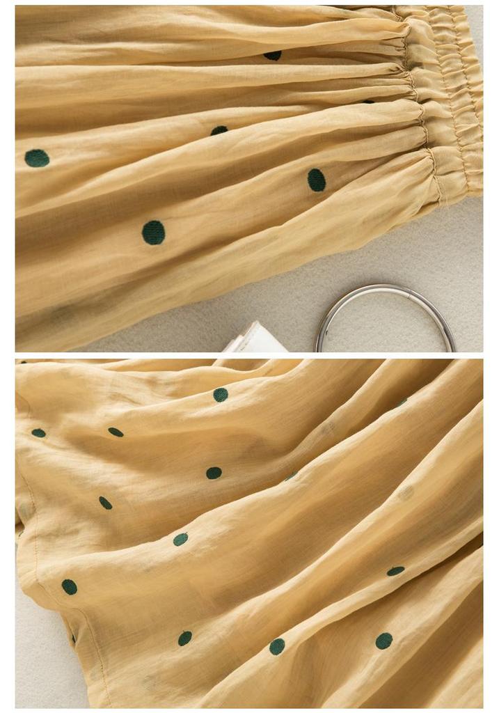 2025 Spring/Summer Women's Cotton Linen Polka Dot Pleated Midi Skirt with Elastic Waist