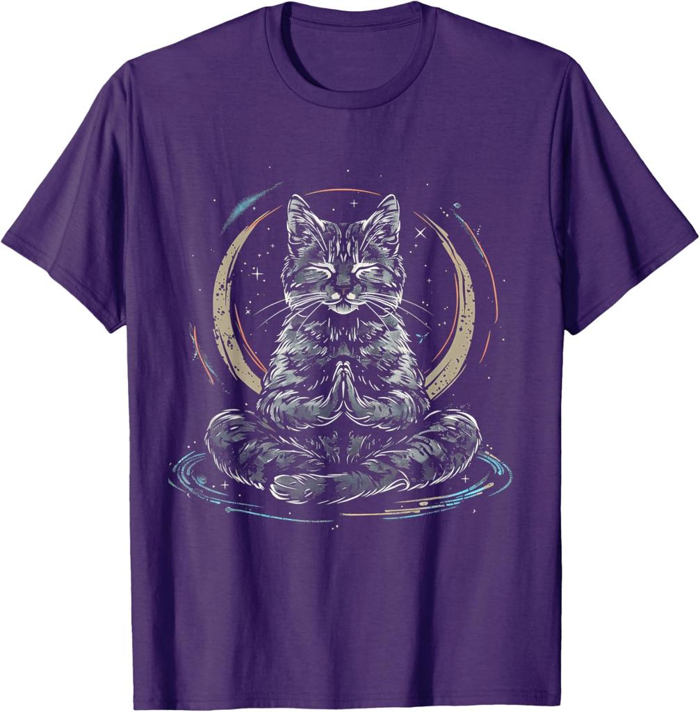 Cosmic Meditation Cat Spiritual Yoga Zen Buddha Graphic Tee Men's Casual Cotton T-Shirt