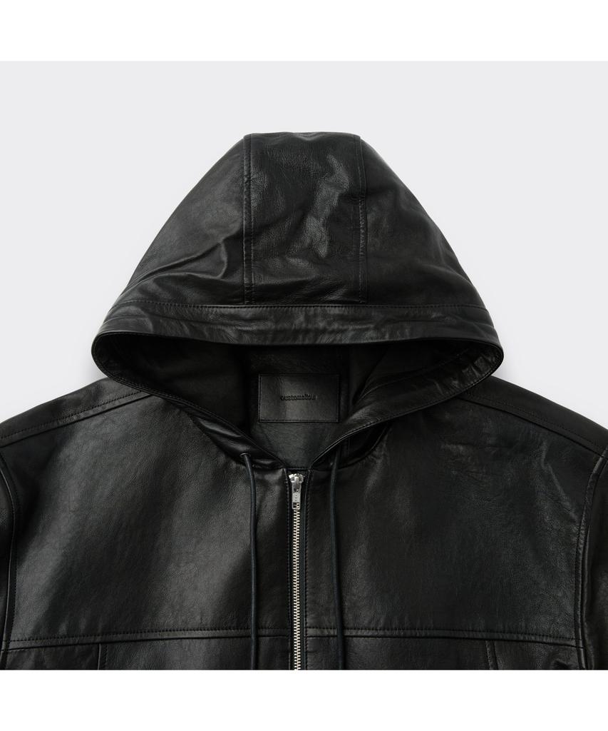 Customellow Black Leather Hood Jacket Cwuda26511Bkx