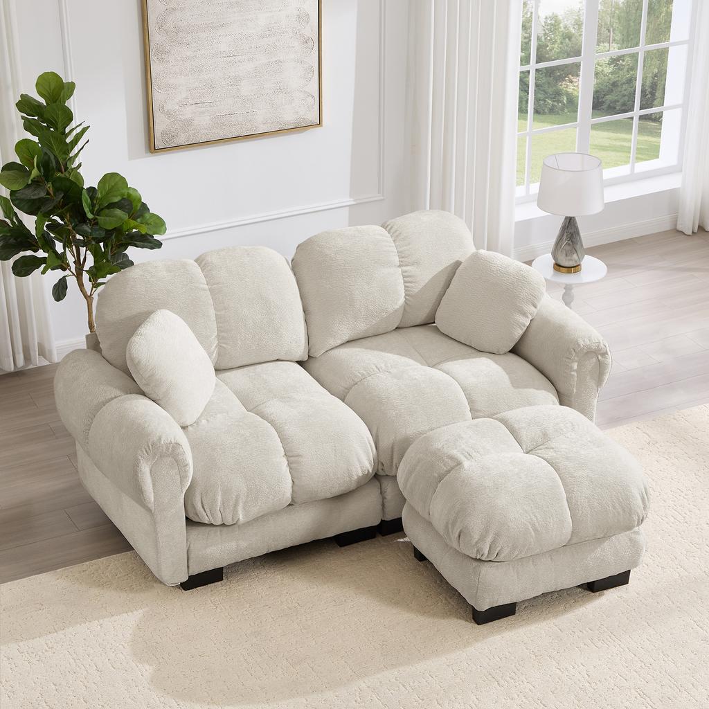 2-Seater Chenille Sofa, L-Shaped Modular Corner, Quilted Design, Thick Seat Cushions, with Mobile Ottoman, Easy To Assemble, Light Khaki
