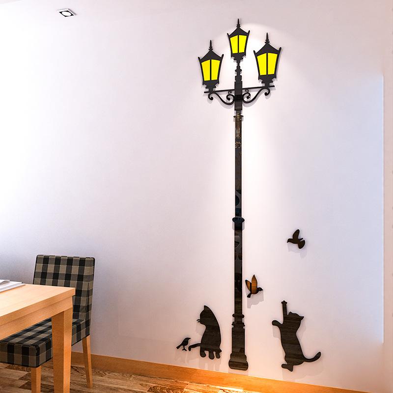 Creative Street Lamp Acrylic 3D Animal Wall Stickers, Cute Cat, Children's Room Wall Decoration, Livingroom, Bedroom, Home Decor