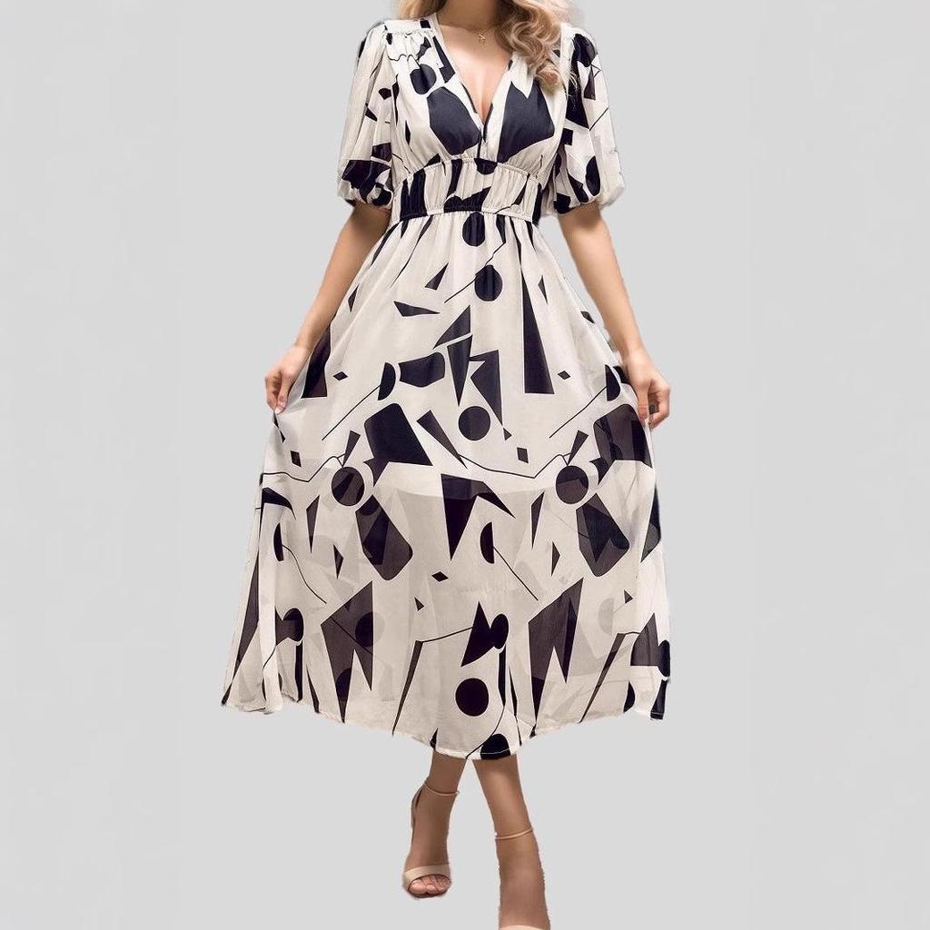 Abito stampato con scollo a V e vita stretta - Moda Primavera/Estate per Donna