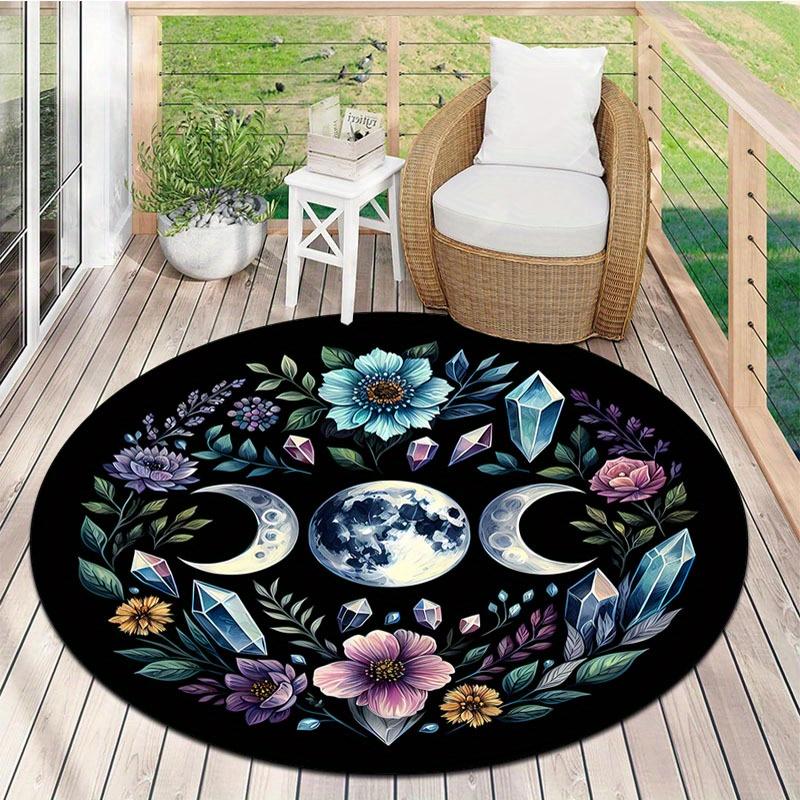 Floral Celestial Round Carpet, Polyester Black Background with Vibrant Flowers Planets for Living Room Home Decor