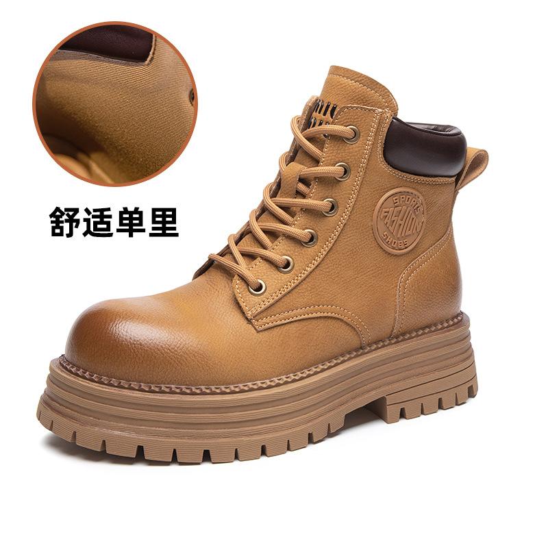 Autumn and Winter New Short Boots Thick-soled Versatile Leather Velvet Rhubarb Boots Martin Boots Women's Tooling Boots