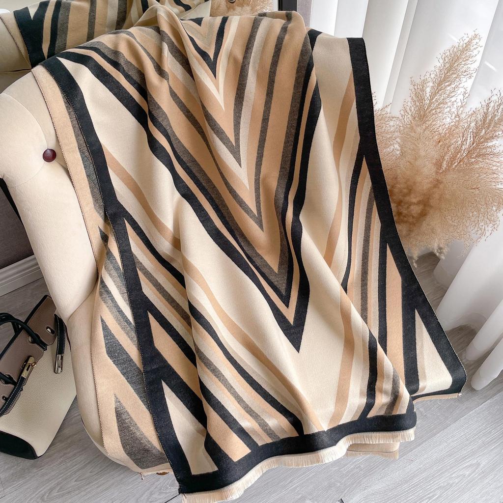 Imitation Cashmere Scarf Women'S Stripe Warm Scarf Air-Conditioned Room Shawl Double-Sided Multi-Purpose Factory