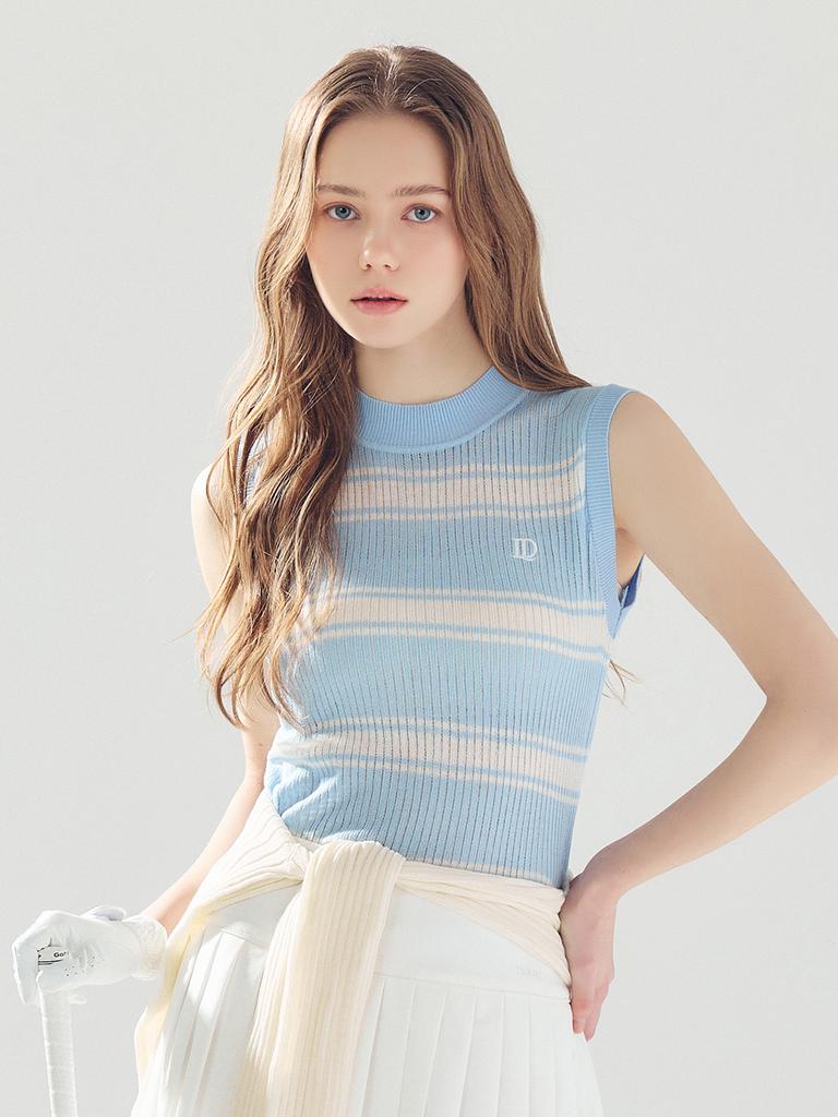LORDLOAR Striped Leather Sleeveless Knit S/Blue