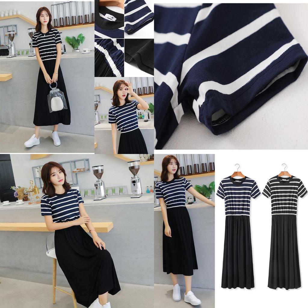 Premium Quality Women Summer Dress Casual Stripe Tank Short Sleeve Long Dress For Versatile Summer Style