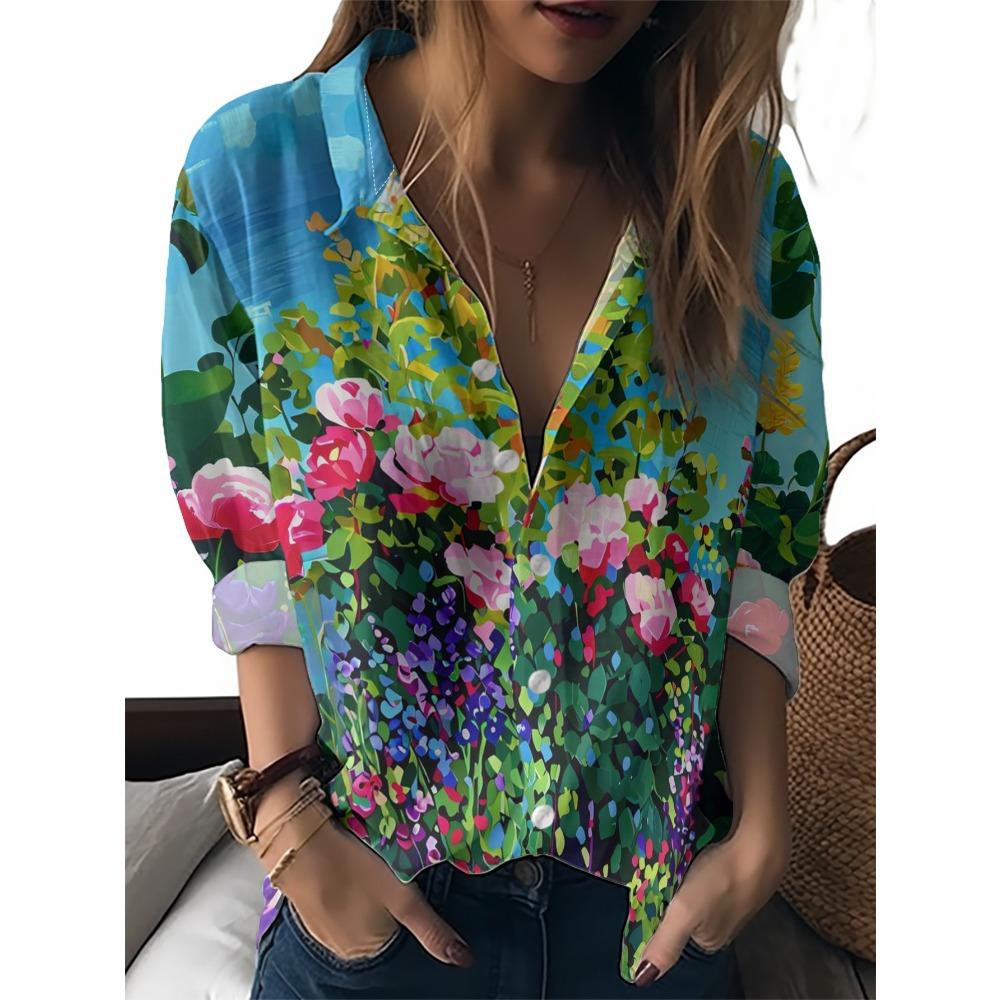 Sommer Minimalistisches Hemd mit Digitalem Blumenprint Knopfleistenhemd Oberteil für Damen Hawaiianischer Strandurlaub Lässiges Hemd