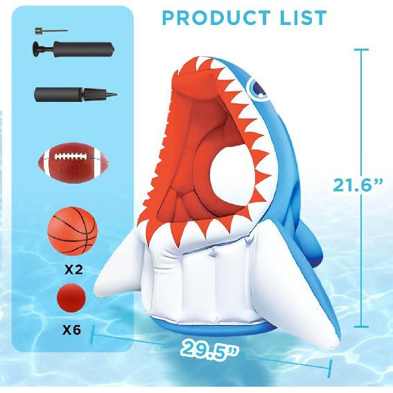iPlay, iLearn Pool Wave Kids Shark Pool Toy, 3-in-1 Inflatable Float Water Game Basketball Football Head Hoop Toss, Toddler Outdoor Summer Swimming