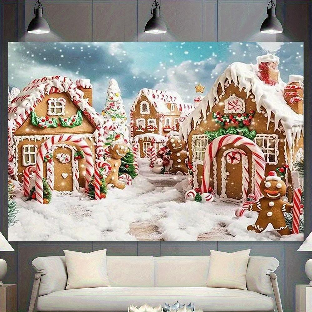 1pc Christmas Gingerbread Village Background - Winter Wonderland background and gingerbread House Candy Cane - Polyester