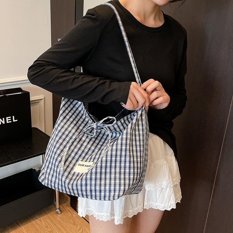 New Fashion Lazy Wind Slack Trend Tote Bag Double Sided Back Crossbody Bag Plaid Canvas Bag
