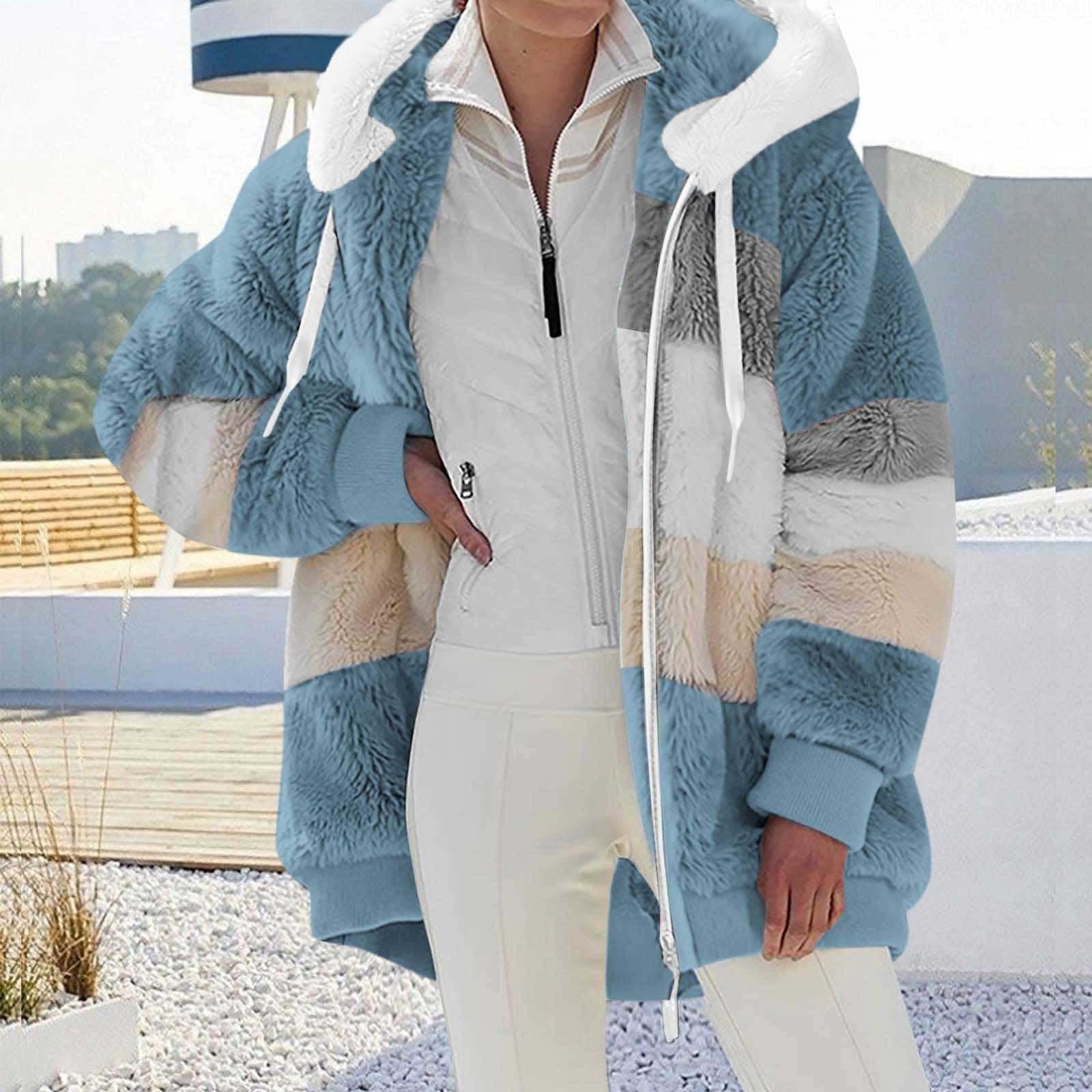 

Женская модная плюшевая лоскутная куртка с капюшоном, длинными рукавами, свободного кроя, теплая L синий