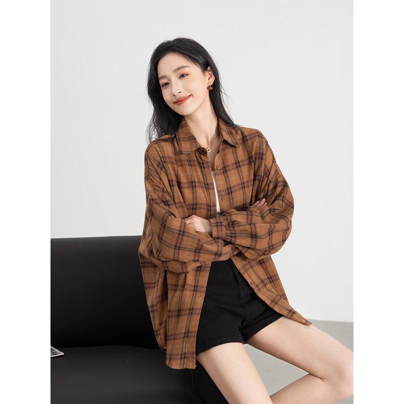 Women s Retro Plaid Loose Fit Long Sleeve Blouse