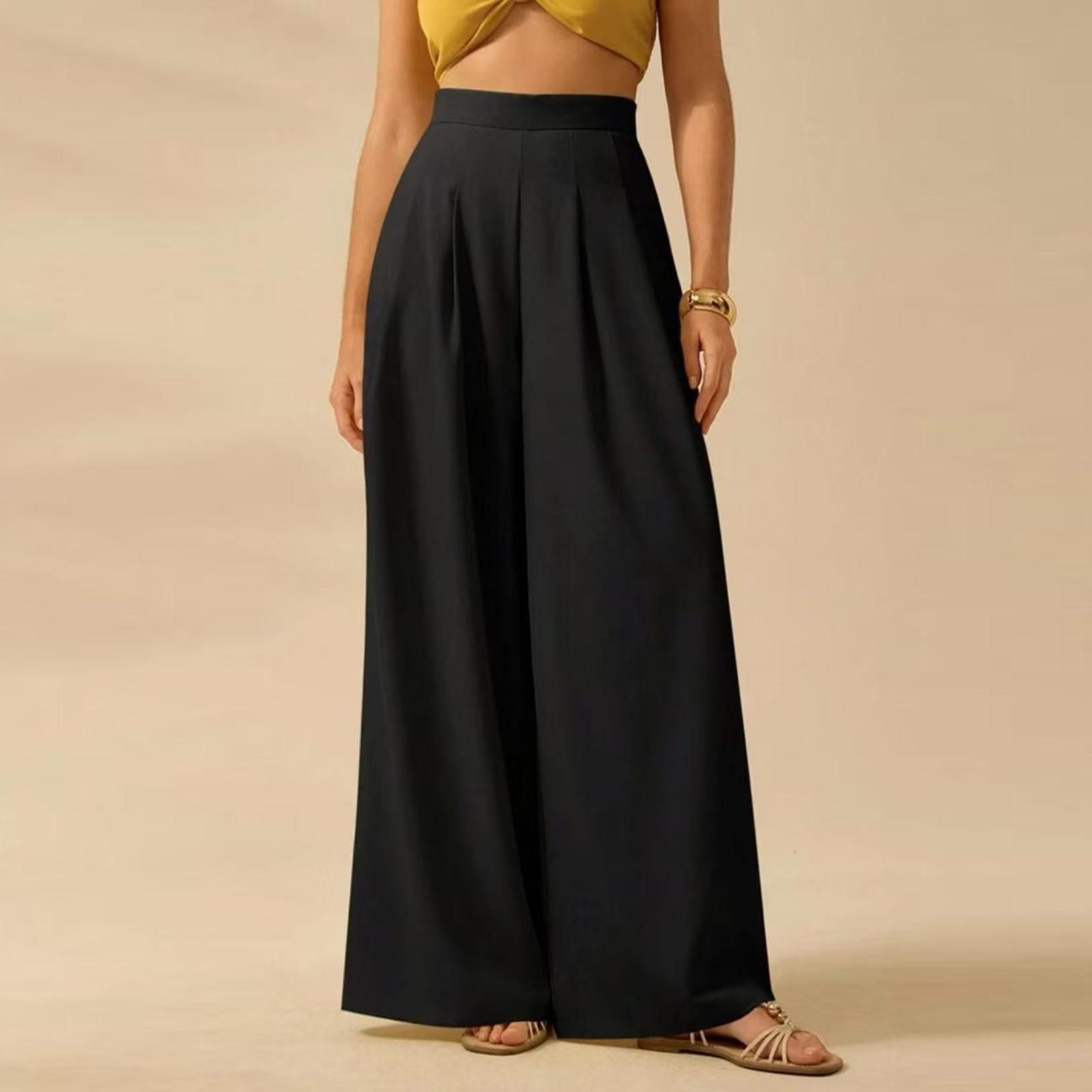 

Ladies Color Printed Casual Loose High Waisted Wide Leg Pants L чёрный