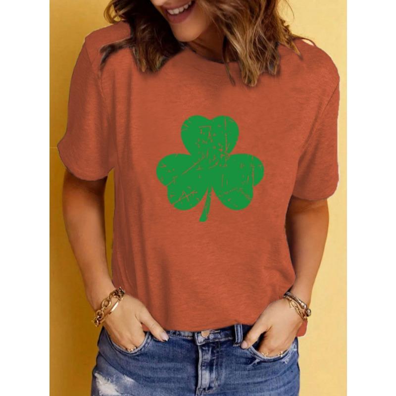 Summer Women's Clover Pattern Printed Round Neck Pure Cotton Short Sleeved T-shirt Casual Fashion T-Shirts Women’s