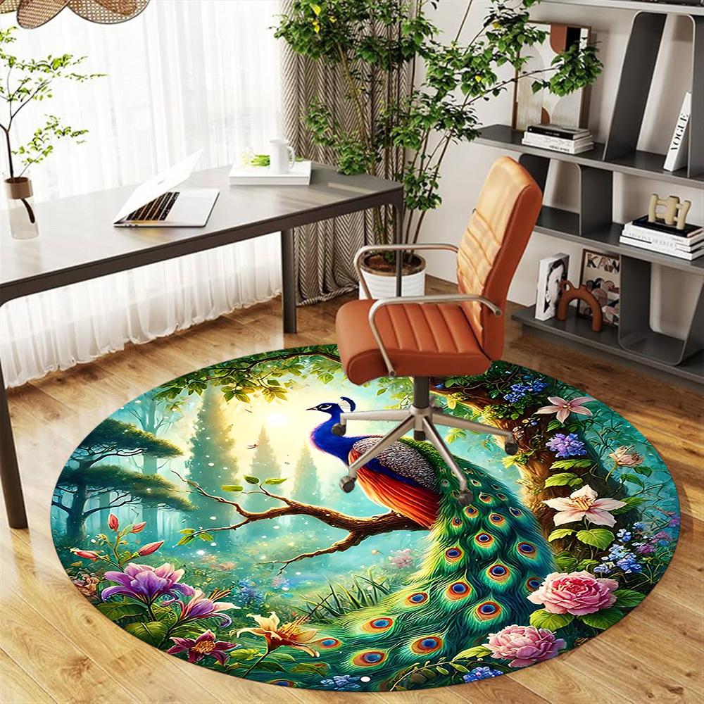 1pc Peacock Flowers Round Chair Mat Area Rug - Non-Slip, Floor Mat for Office, Bedroom, and Indoor Decor C1125203