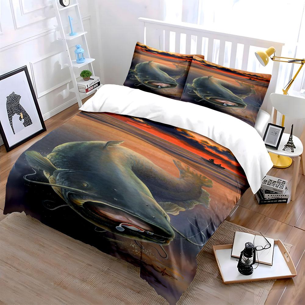 Catfish Sunset Fishing Scene Bedding Duvet Cover Set (1*Duvet Cover 2*Pillowcases, without duvet insert)
