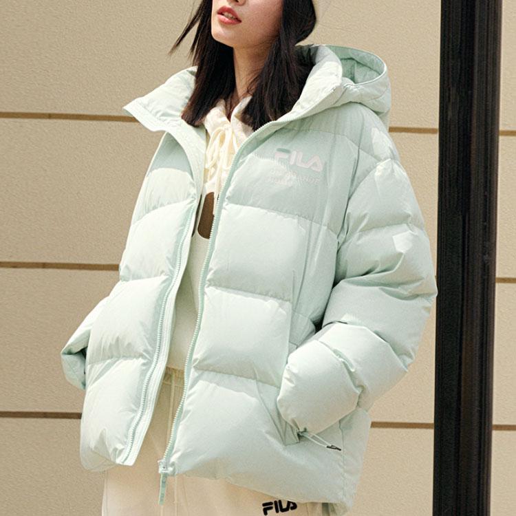 FILA Letter Logo Zip-Up Hooded Down Jacket Unisex Outerwear Nile-Green F51U349902A-LG