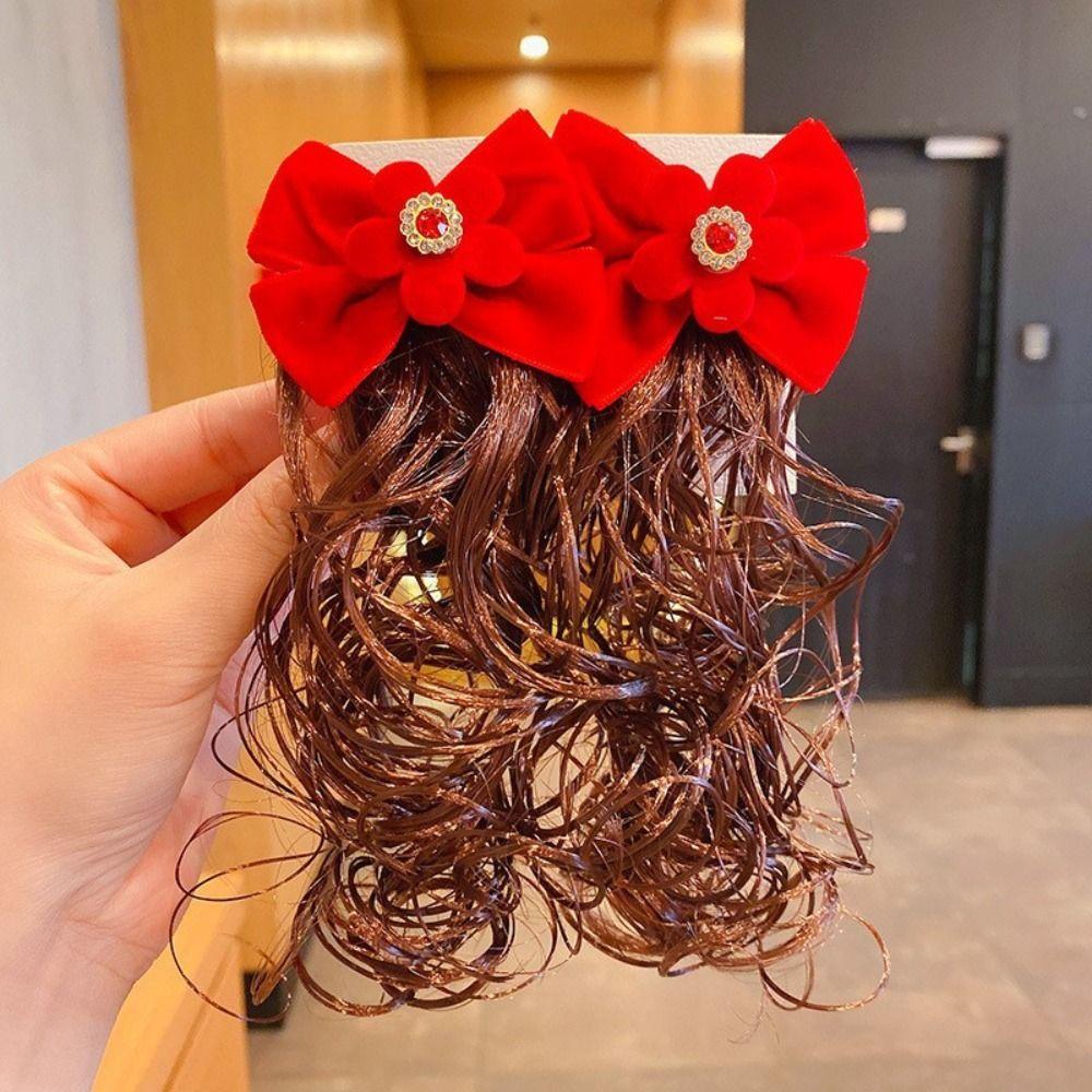 2pcs Chinese Style Baby Wig Hairpin Cute Red Bowknot Hairclip Children's Bow Wig  New Year Festive