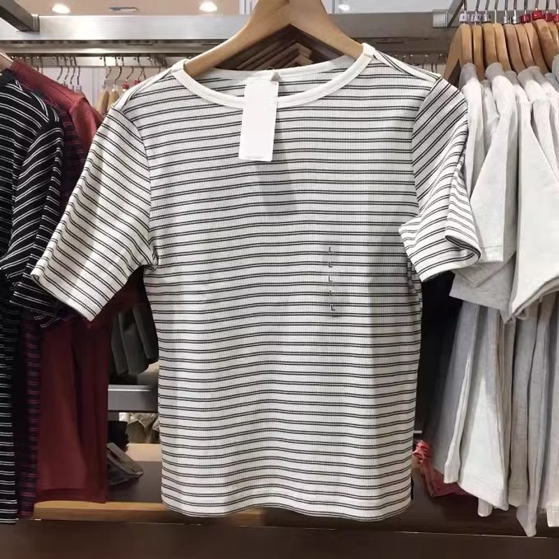 

Japanese Single Women s Rib Boat Neck T-shirt 2025 Spring Half Sleeve Short Sleeve Silm Base 475842/474406 White [Stripes]] L