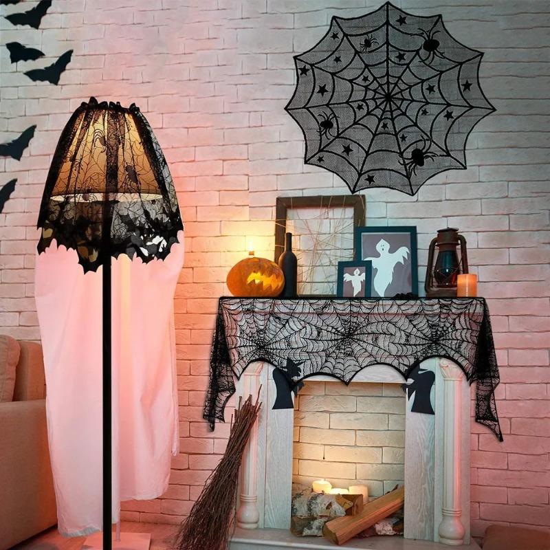Halloween Black Lace Tablecloth BatCobweb MantelpieceCloth Family Table Cover Festive Household Items Halloween Party Decoration