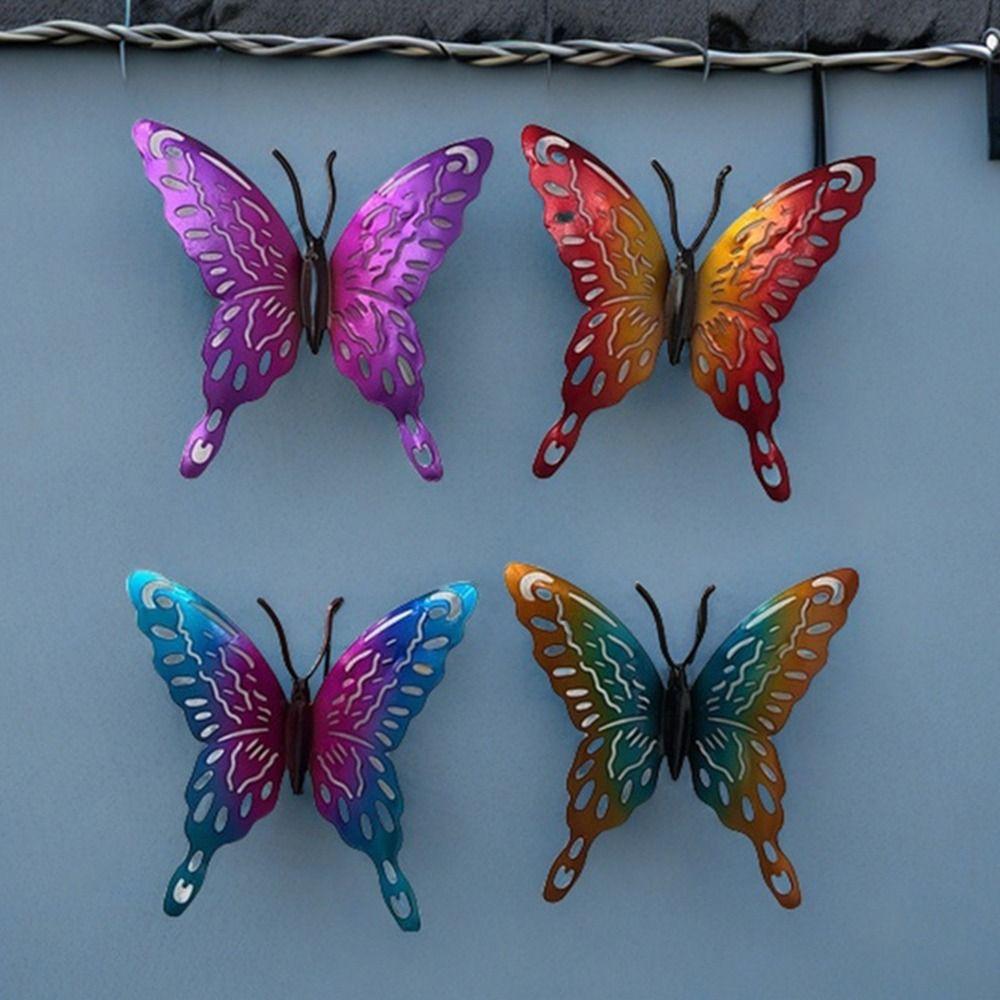 4Pcs Cute Butterflies Sculpture Ornaments Iron Animal Statues Wall Background