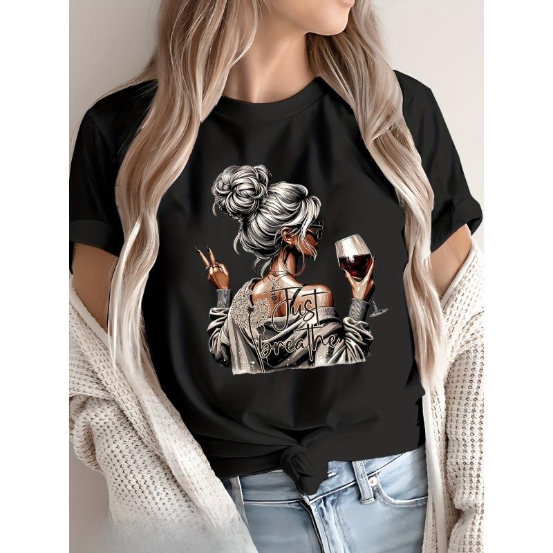 

European sizes Women s Graphic Print T-Shirt - Navy Blue Casual Short Sleeve Round Neck Summer Top with Artistic Wine & Peace Sign Design 4XL чорний