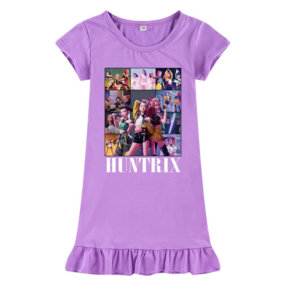 M1223 Kids Girls Kpop Rumi Zoey Mira Print Short Sleeves Ruffle Dress