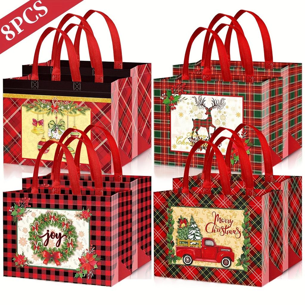 8/16pcs Festive Christmas Gift Bags With Handles - Foldable, Multi-Use Woven Fabric Totes For Home 2026 Winter Light Gift Packag