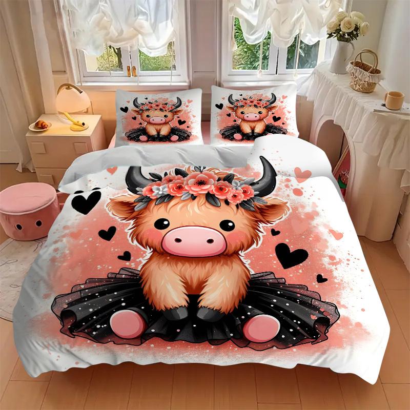 3pcs Adorable Cow Quilt Set Cartoon Themed Bed Quilt Set Lovely Character Bedroom Decor Bed Quilt Set Four Seasons (1 Cover + 2Pillowcase NO Comf