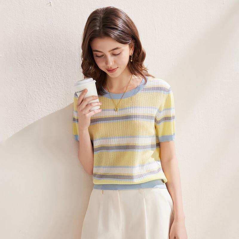 Zhaojun Women's Silk Blend Striped Knit T-Shirt