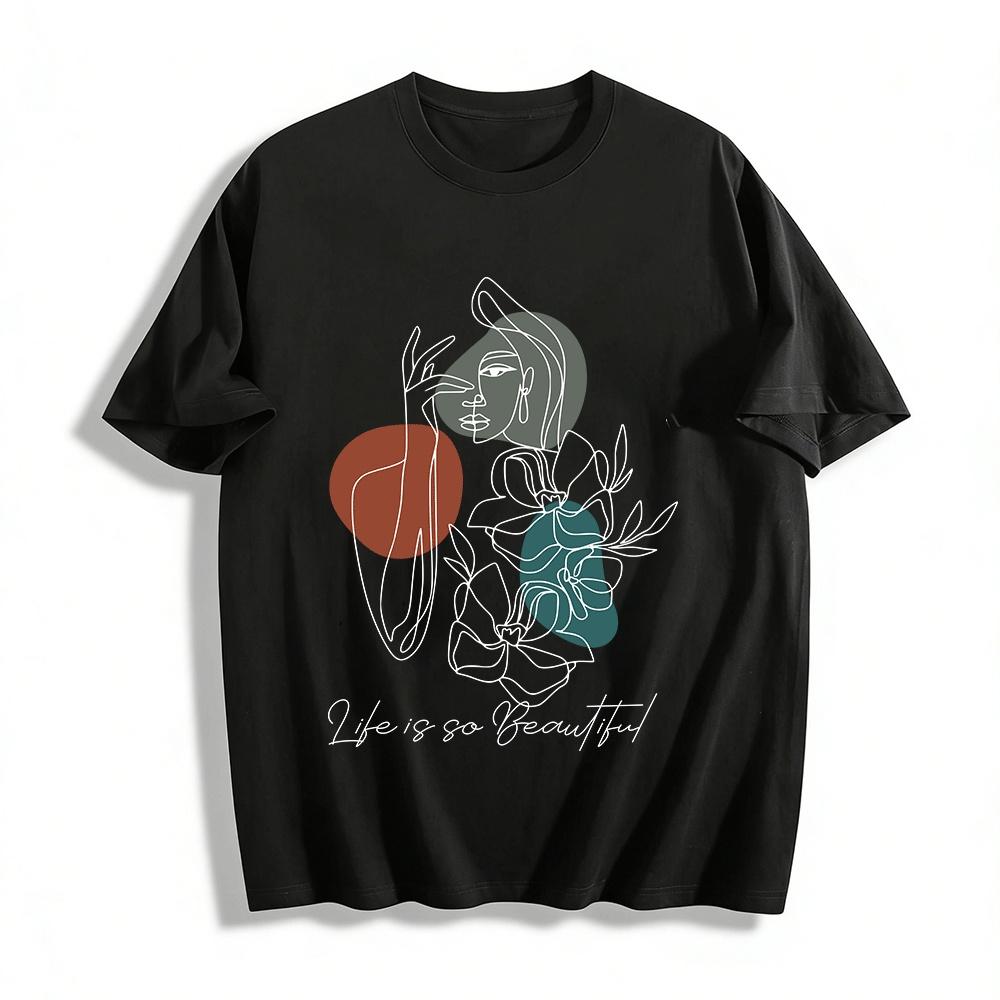 Abstract Portrait Line Art Print Casual Top Pure cotton T-shirt XXS