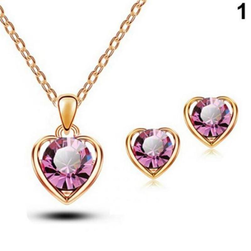 Women's Fashion Jewelry Heart Pendant Necklace Ear Studs Earrings Set