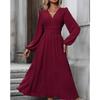 Polyester V Neck Lantern Sleeve Pleated A Line Dress For Autumn Winter Fashion