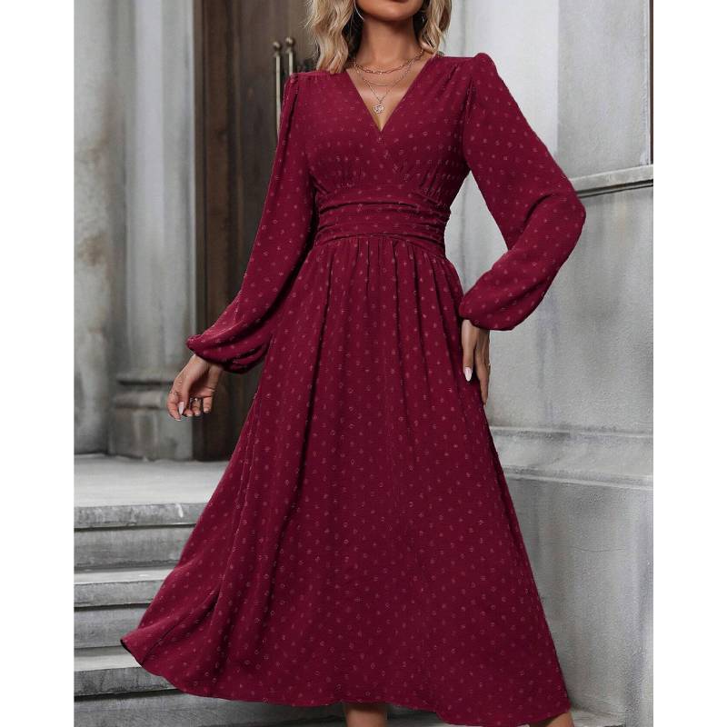 Polyester V Neck Lantern Sleeve Pleated A Line Dress For Autumn Winter Fashion