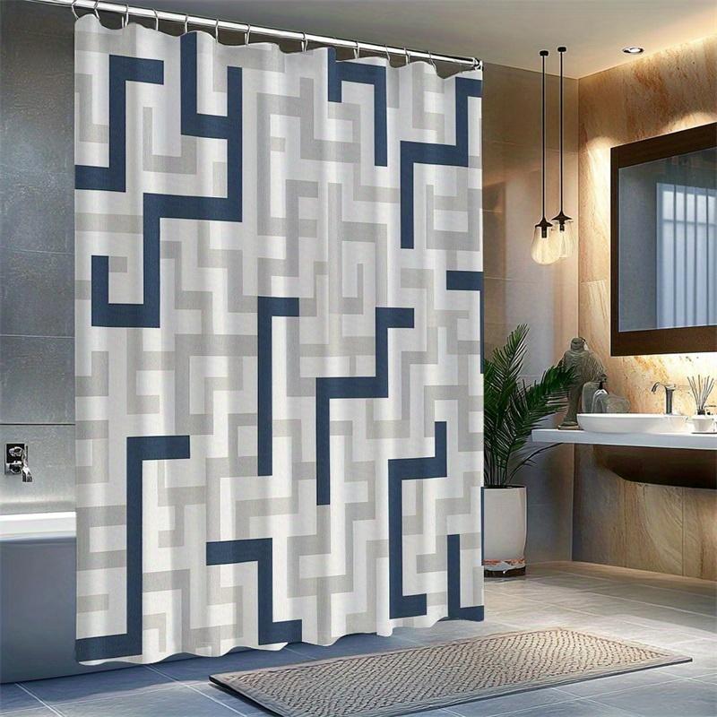 1pc Blue-grey geometric patterned shower curtain, polyester fabric, with hooks, machine washable, suitable for bathroom decor.