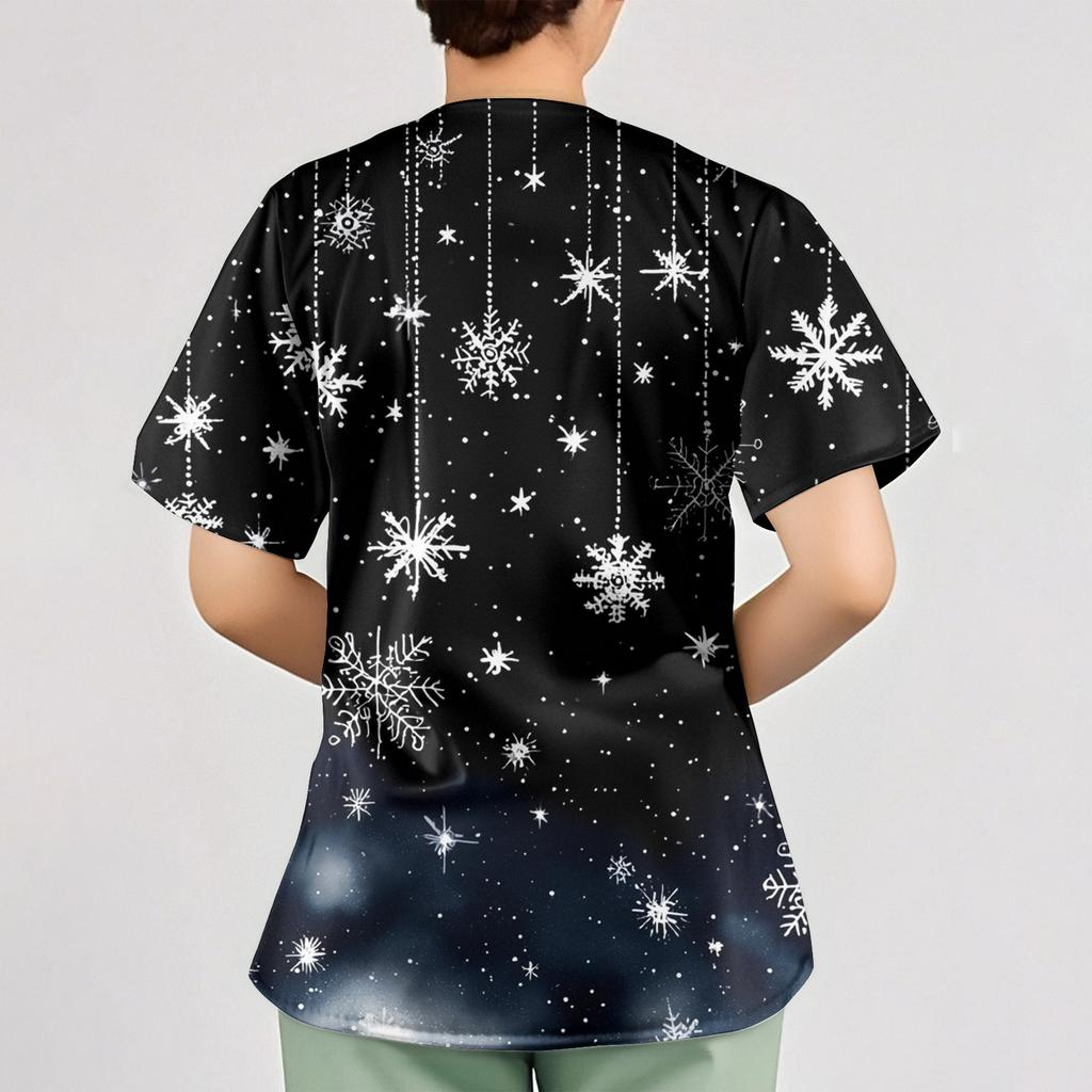 Women's Christmas Print Loose V-Neck Pocket Short-Sleeved Uniform