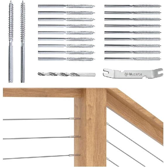 Muzata 120 Pack 1/8 Cable Railing Hardware Kit Swage Lag Screws Left and Right Handed Thread for Wood Post T316 Stainless Steel Deck Cable Railing 1/8